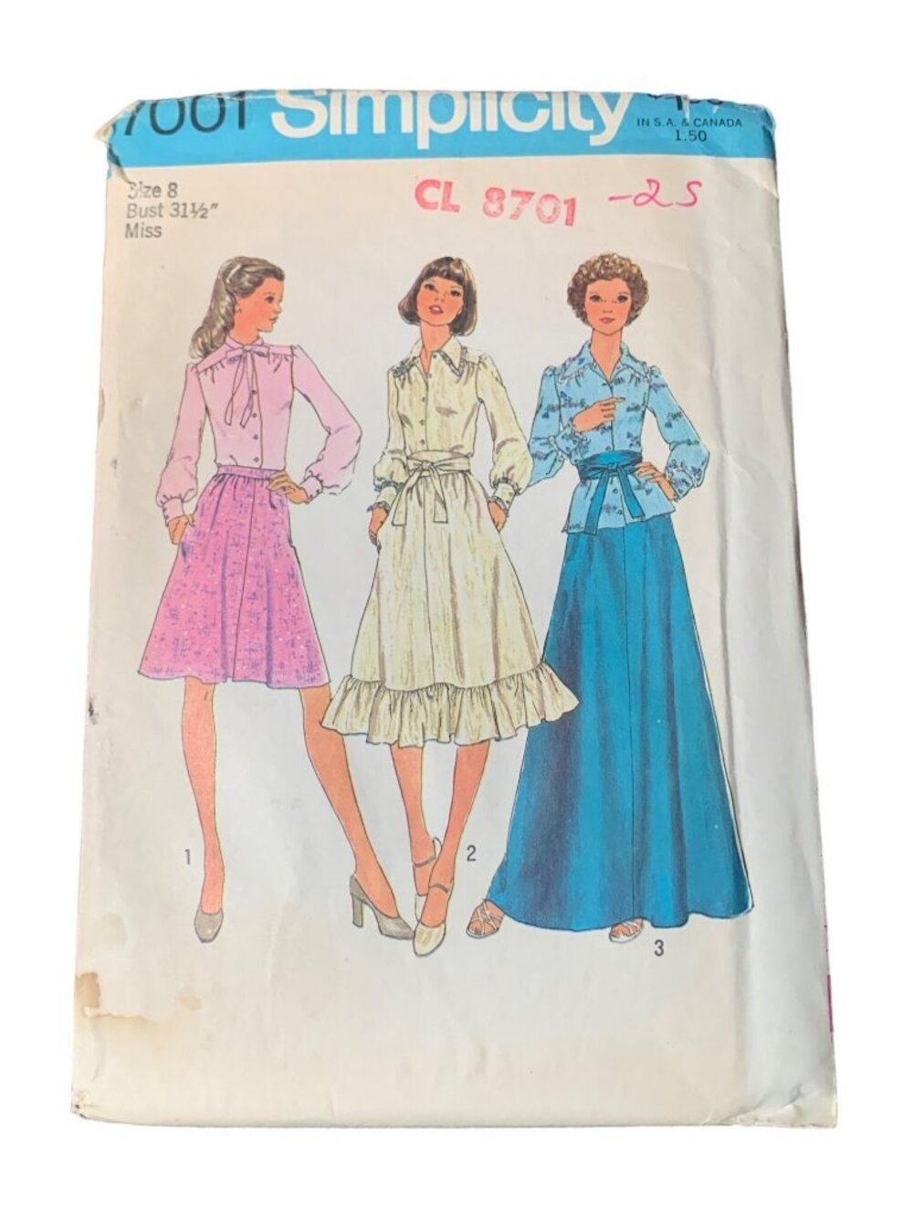 Simplicity 7001 Sewing Pattern 1975 Misses Shirt Skirt Size 8 Uncut